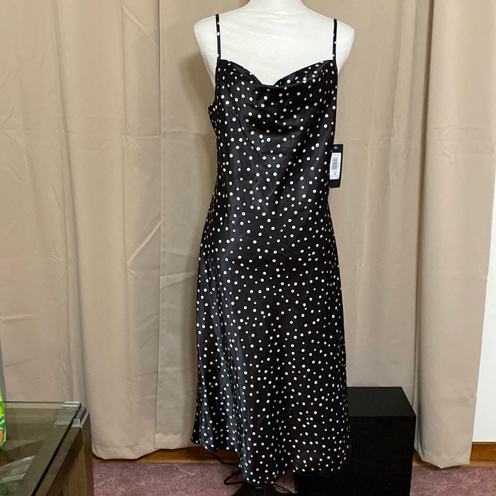 Bebe Polka Dot Satin Cowl Neck Satin Midi Dress